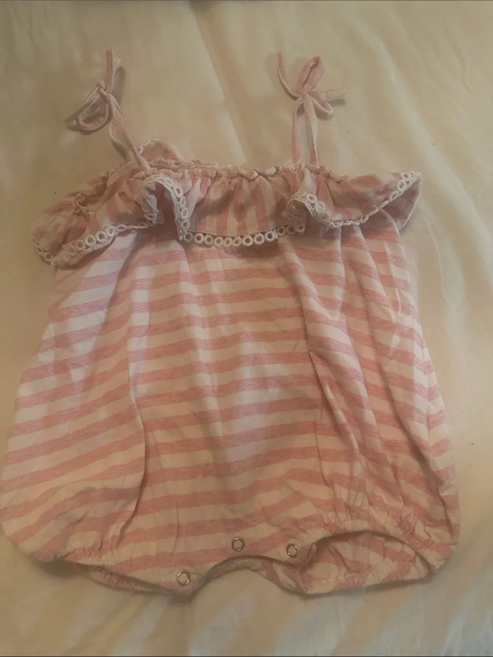 Girls Pink Striped Ruffle Tie-Shoulder One-Piece Bodysuit